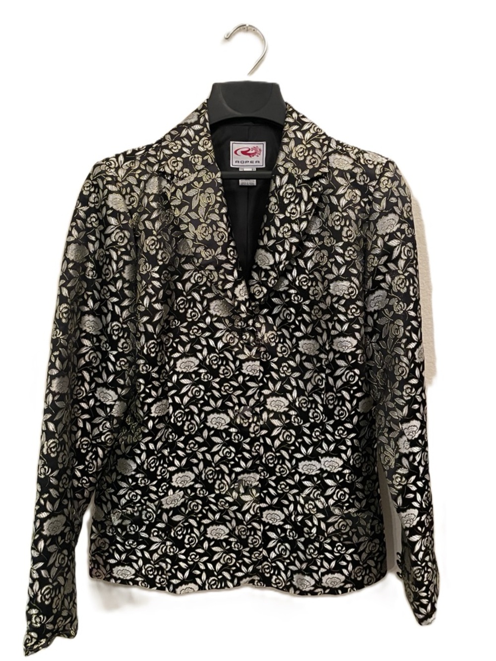 Roper Black Jacket with Metallic Silver Floral Jacquard